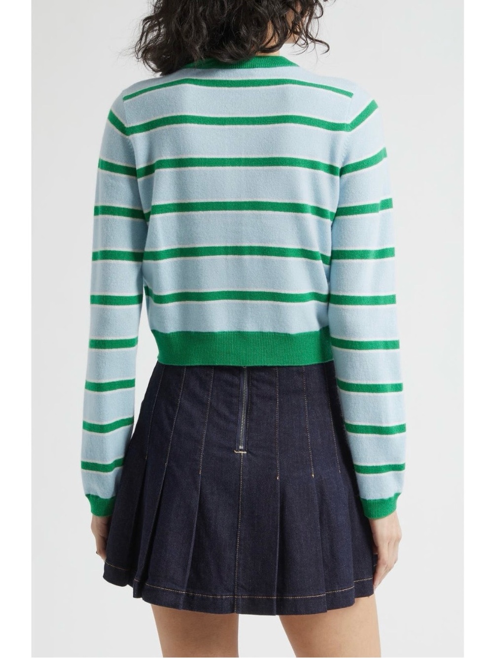 ALICE + OLIVIA Dollie Stripe Crop Cashmere Cardigan Glamour Stripe Carolina Blue - Picture 2 of 9